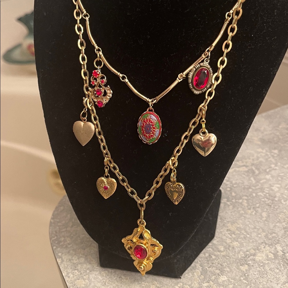 Sold-In show-Gold and Red Heart Pendant Necklace - Picture 1 of 10